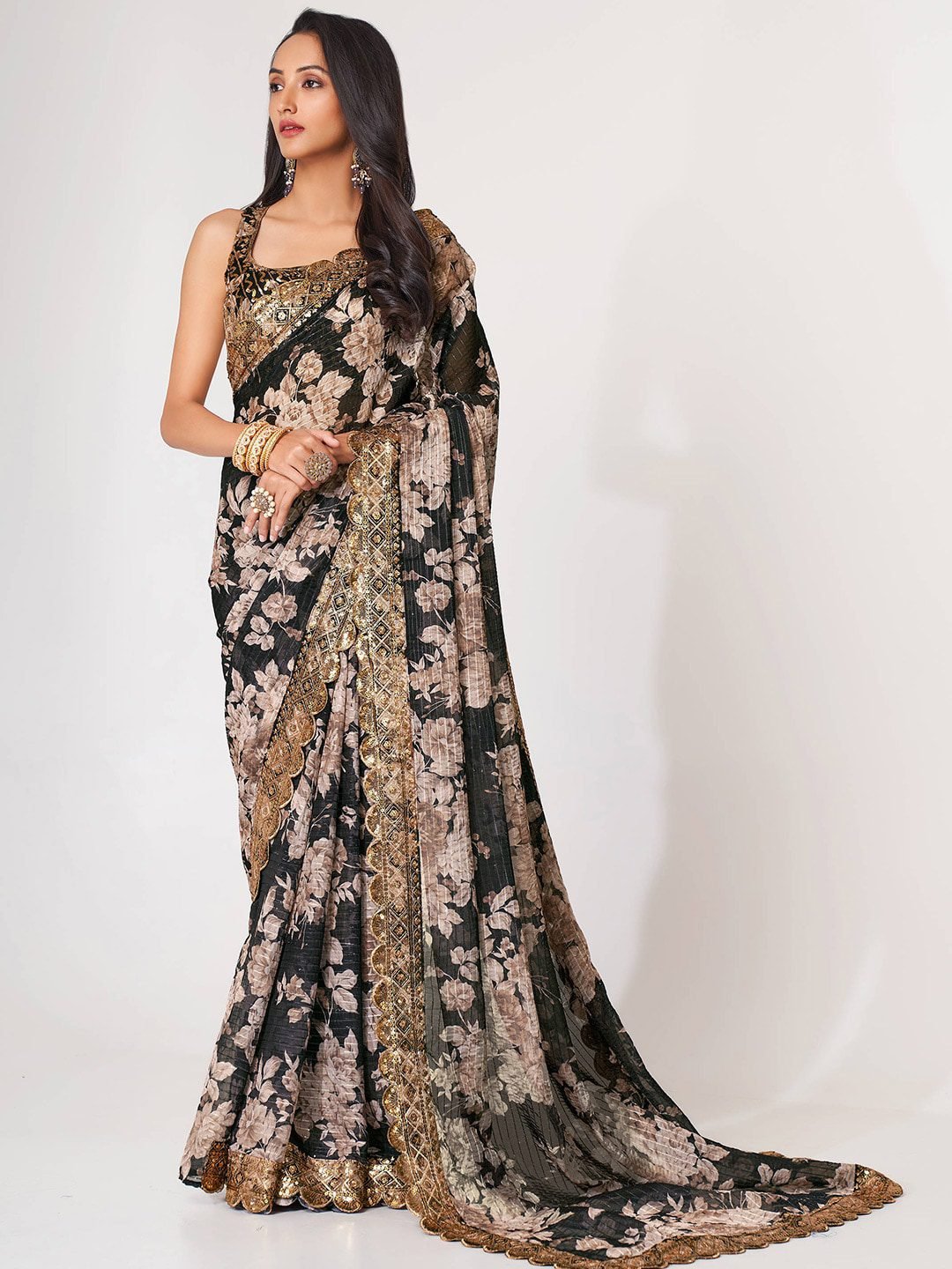 Captivating Black Floral Printed Organza Events Wear Saree