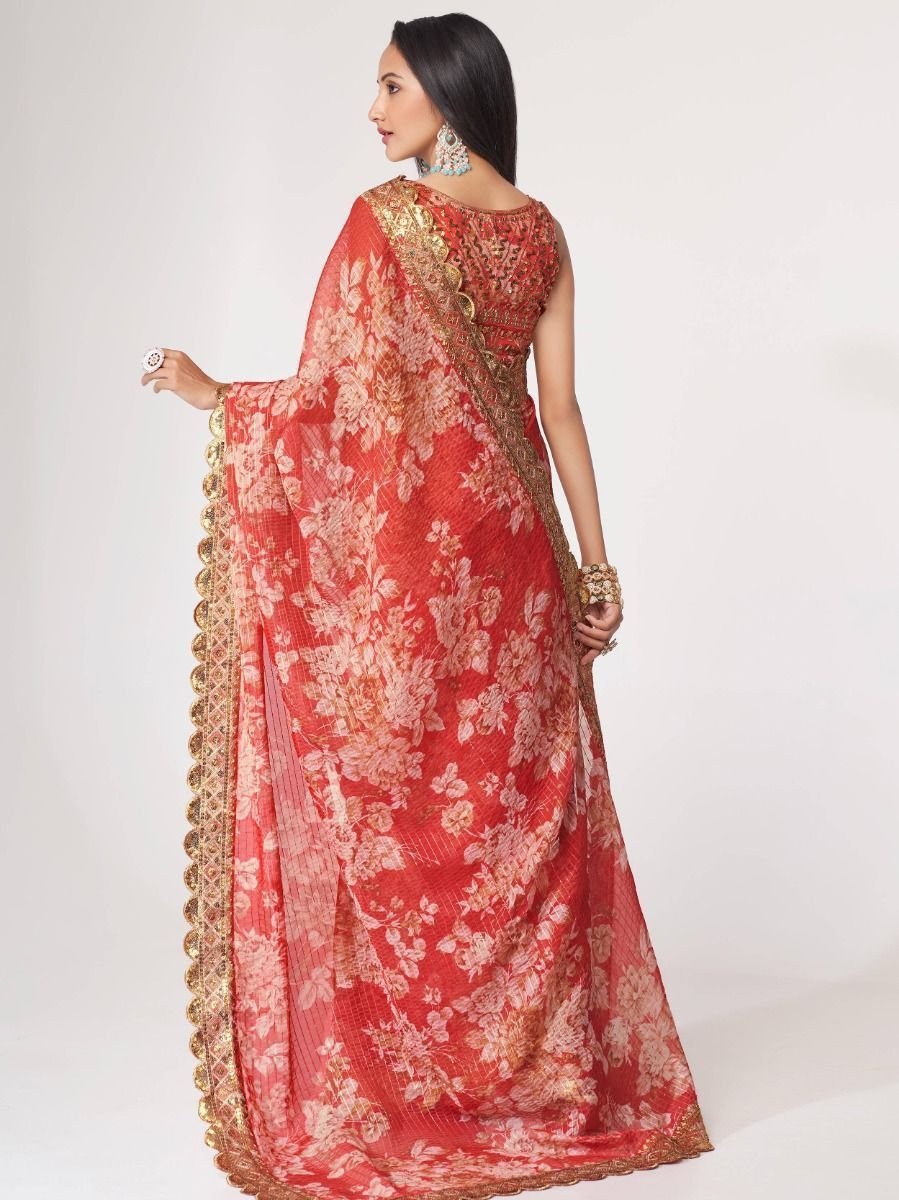 Charming Red Floral Printed Organza Occasion Wear Saree