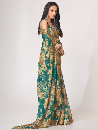Bewitching Teal Blue Floral Printed Organza Party Wear Saree