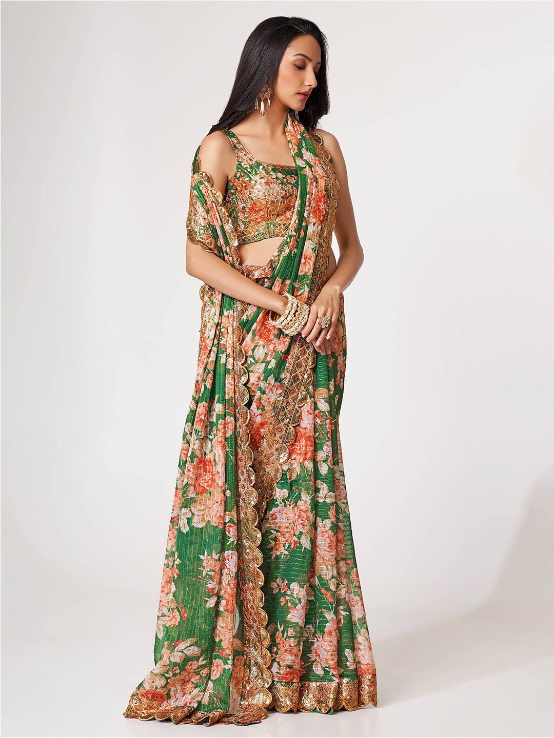 Mesmerizing Green Floral Printed Organza Festive Wear Saree