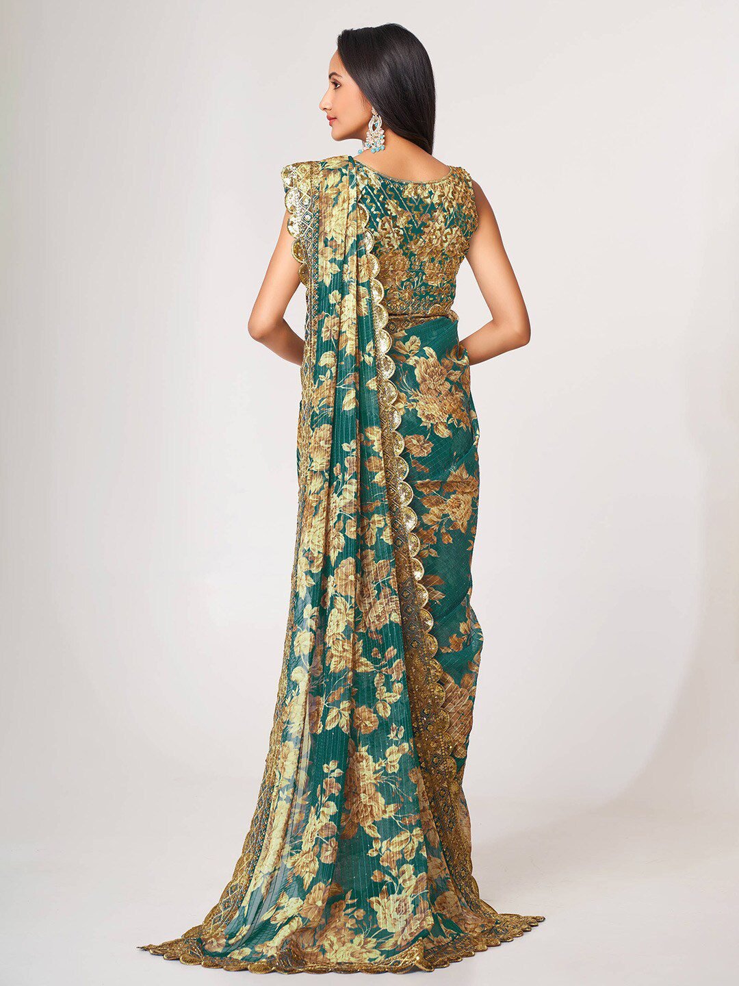 Bewitching Teal Blue Floral Printed Organza Party Wear Saree