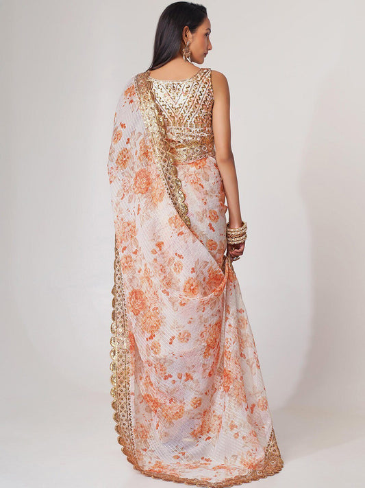 Gorgeous White Floral Printed Organza Party Wear Saree With Blouse