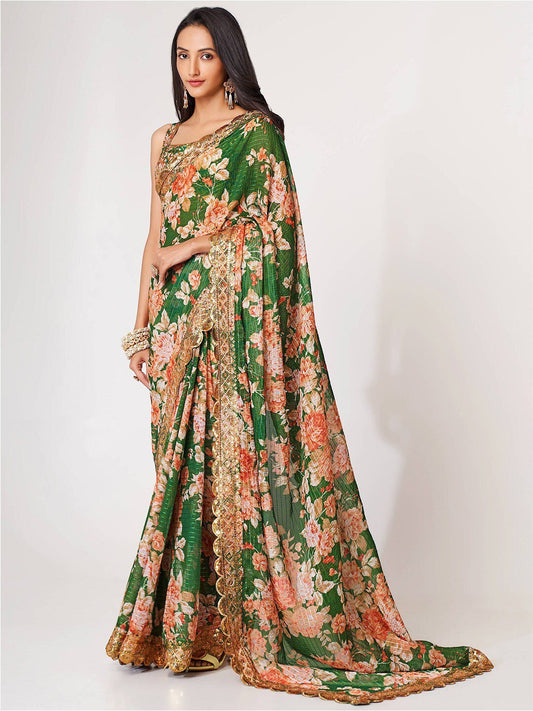Mesmerizing Green Floral Printed Organza Festive Wear Saree