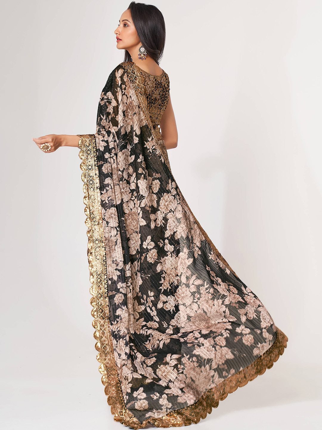 Captivating Black Floral Printed Organza Events Wear Saree