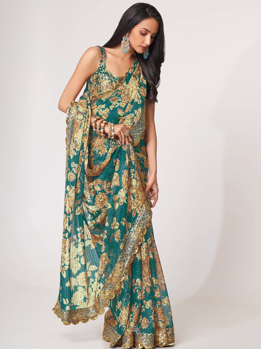 Bewitching Teal Blue Floral Printed Organza Party Wear Saree