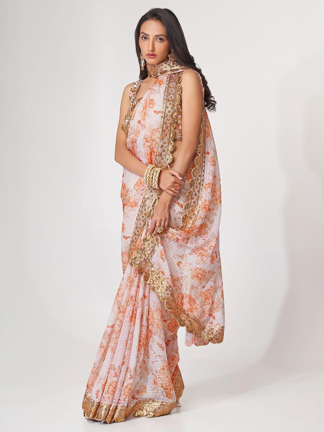 Gorgeous White Floral Printed Organza Party Wear Saree With Blouse