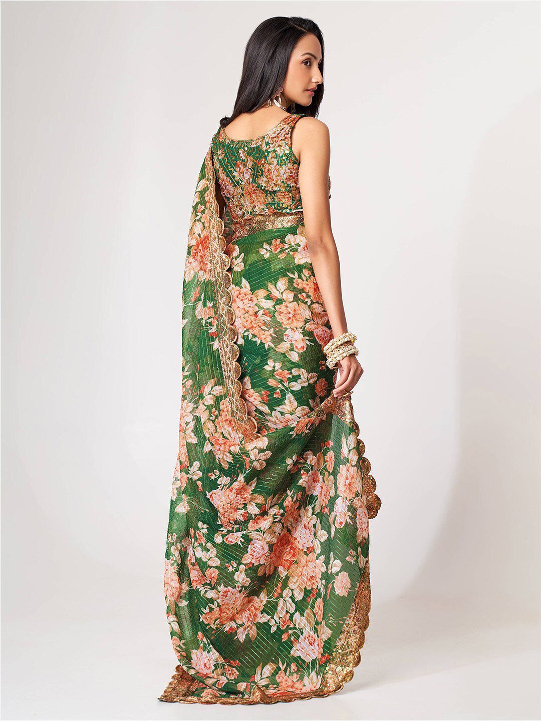 Mesmerizing Green Floral Printed Organza Festive Wear Saree