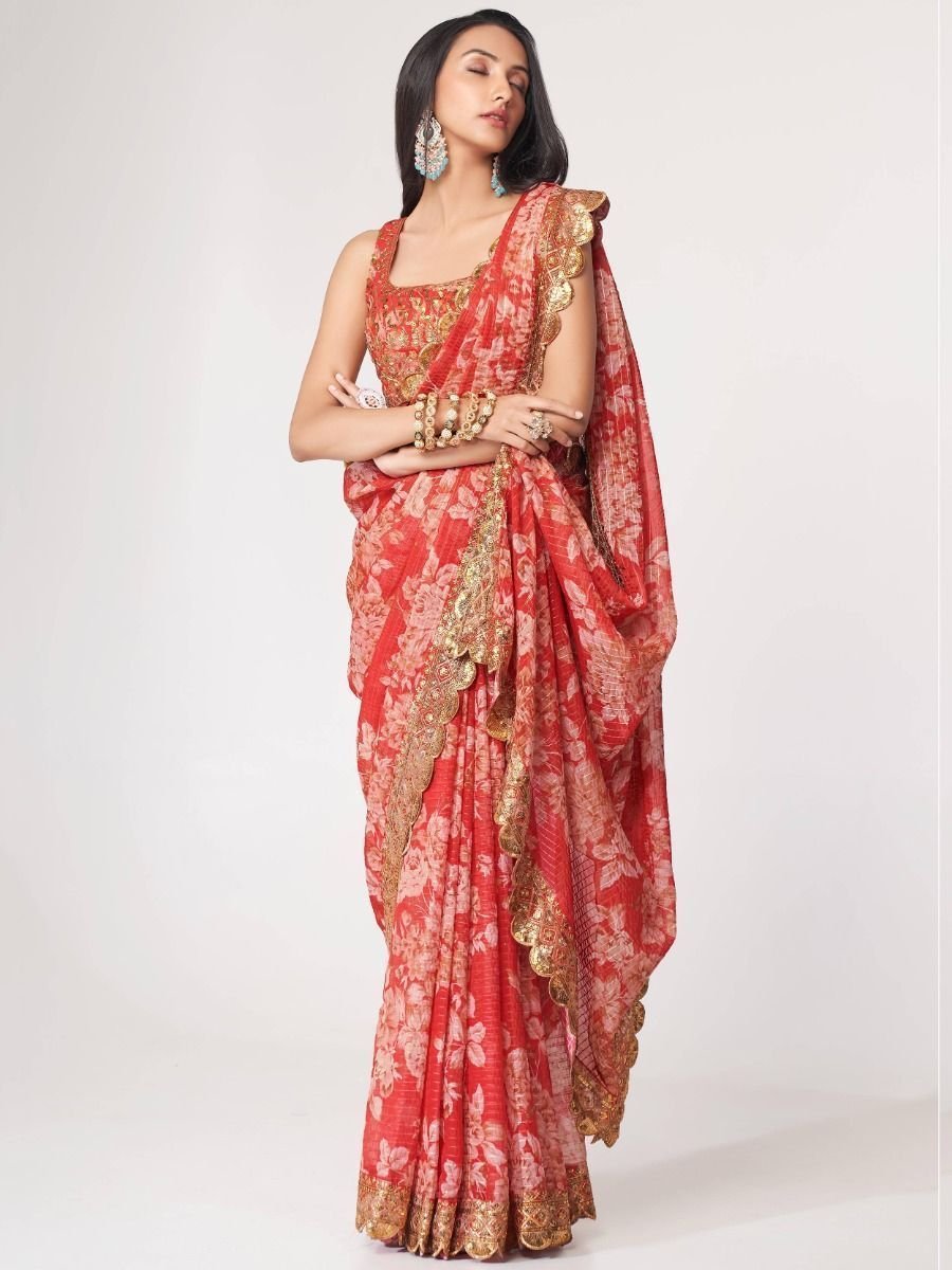 Charming Red Floral Printed Organza Occasion Wear Saree