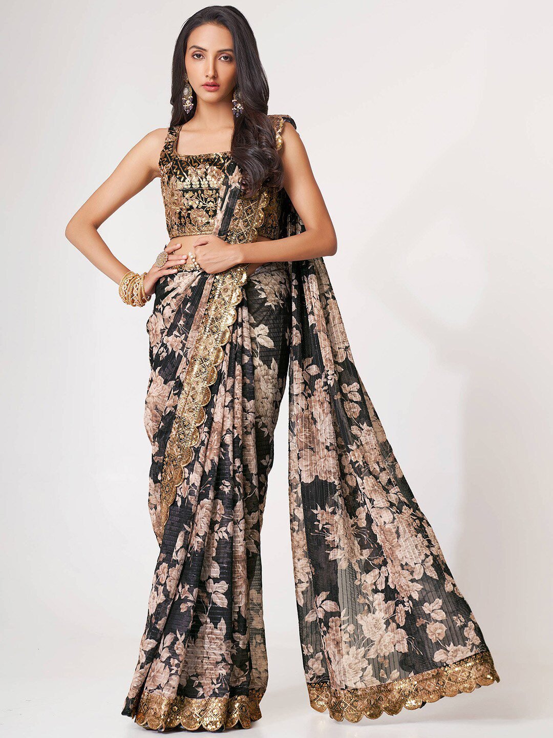 Captivating Black Floral Printed Organza Events Wear Saree