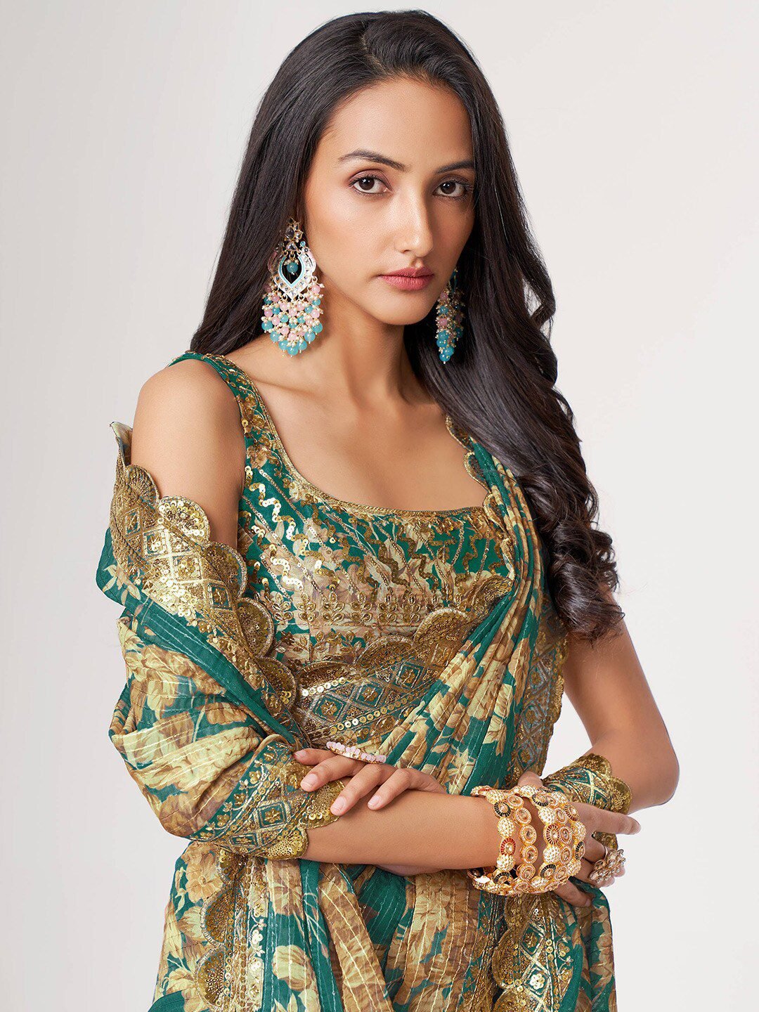 Bewitching Teal Blue Floral Printed Organza Party Wear Saree