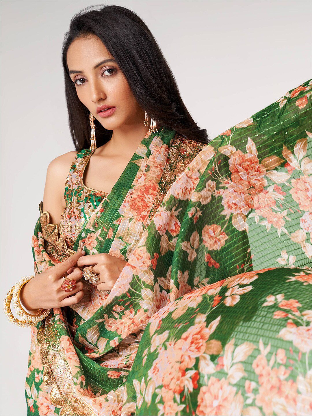Mesmerizing Green Floral Printed Organza Festive Wear Saree