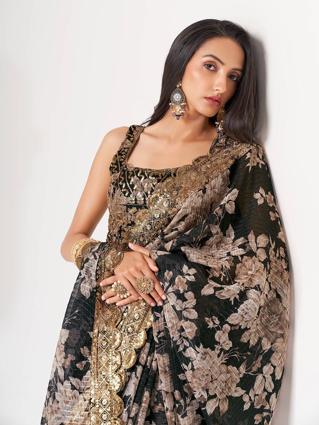 Captivating Black Floral Printed Organza Events Wear Saree