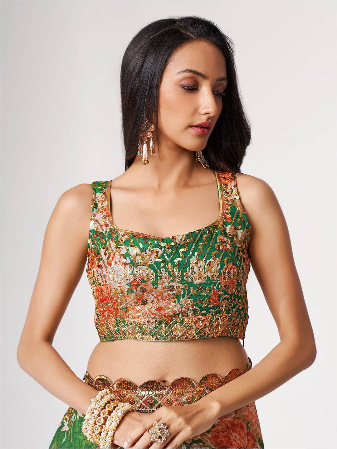 Mesmerizing Green Floral Printed Organza Festive Wear Saree