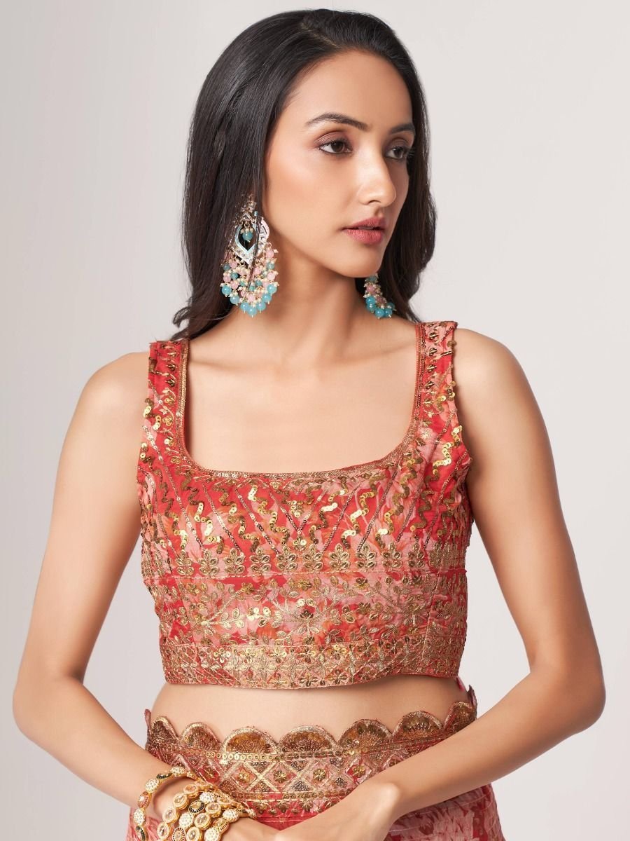 Charming Red Floral Printed Organza Occasion Wear Saree
