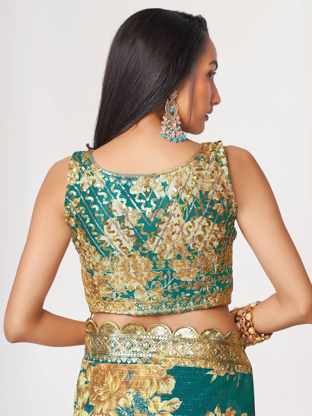Bewitching Teal Blue Floral Printed Organza Party Wear Saree