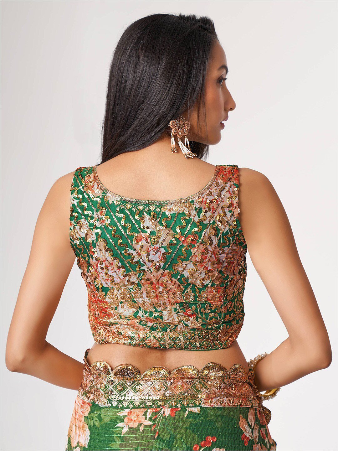 Mesmerizing Green Floral Printed Organza Festive Wear Saree