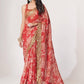 Charming Red Floral Printed Organza Occasion Wear Saree