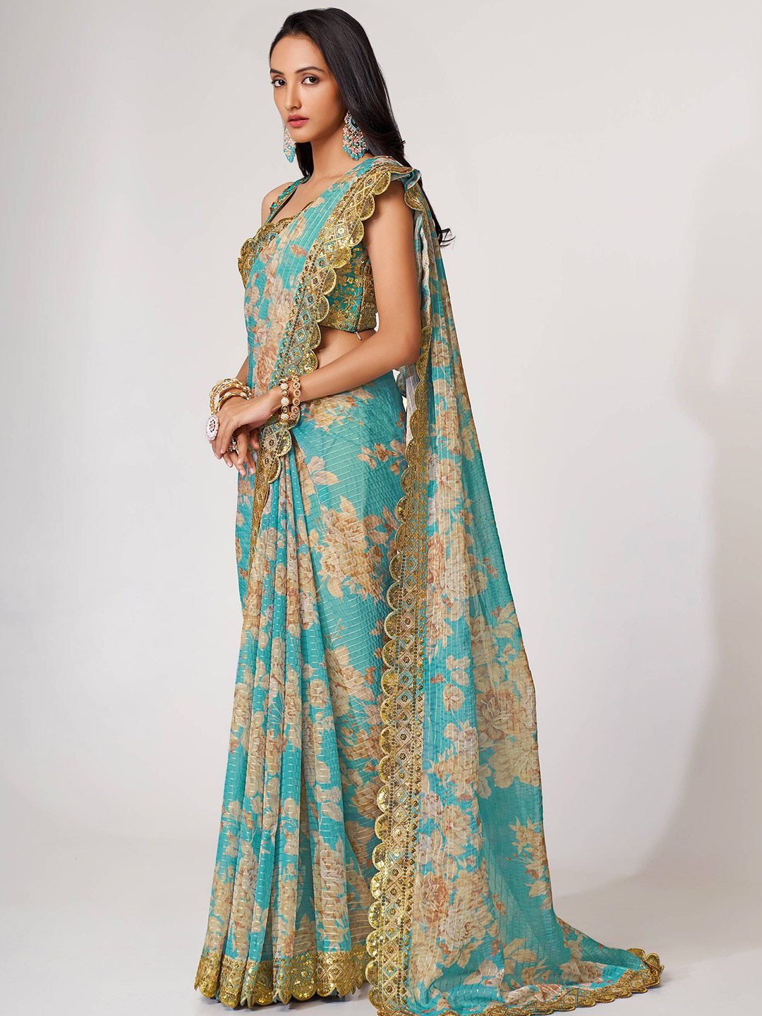 Endearing Sky Blue Floral Printed Organza Carnival Wear Saree
