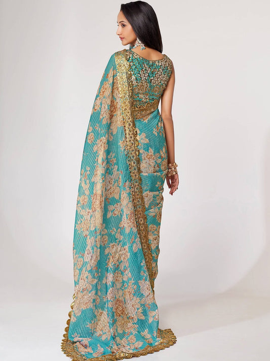 Endearing Sky Blue Floral Printed Organza Carnival Wear Saree