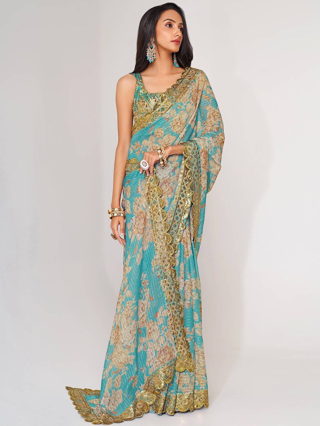 Endearing Sky Blue Floral Printed Organza Carnival Wear Saree