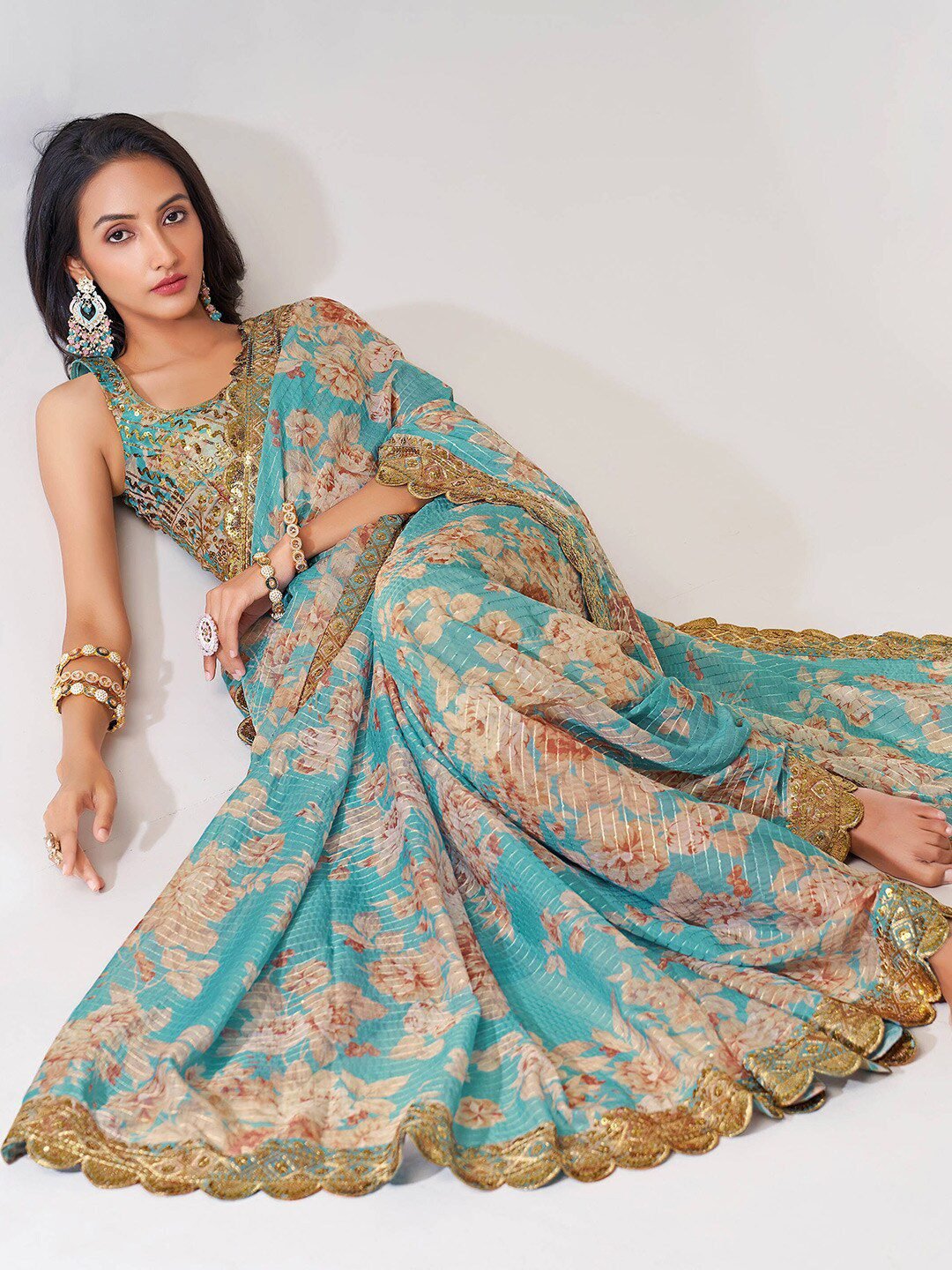 Endearing Sky Blue Floral Printed Organza Carnival Wear Saree