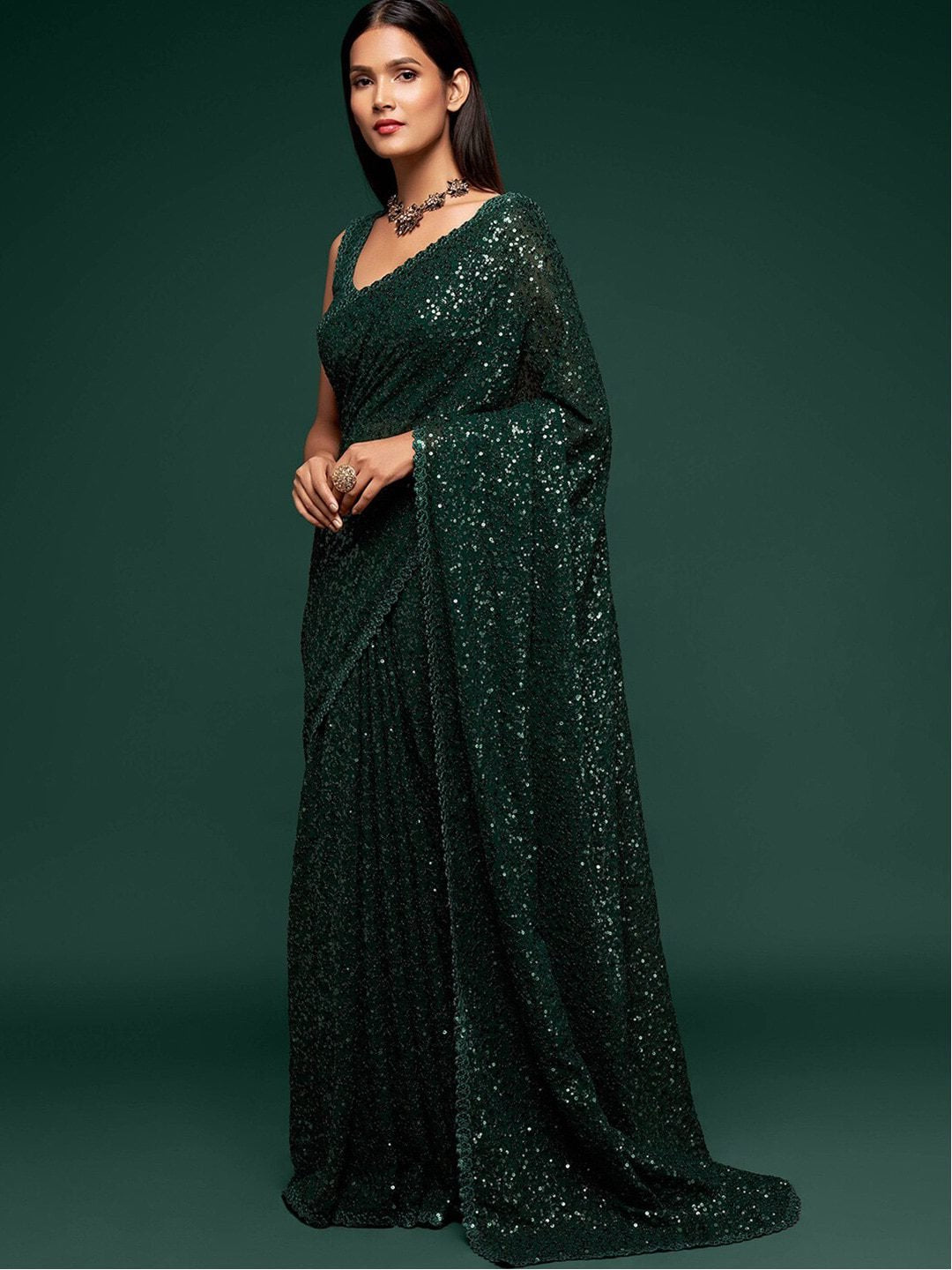 Bottle Green Fully Sequined Georgette Party Wear Saree