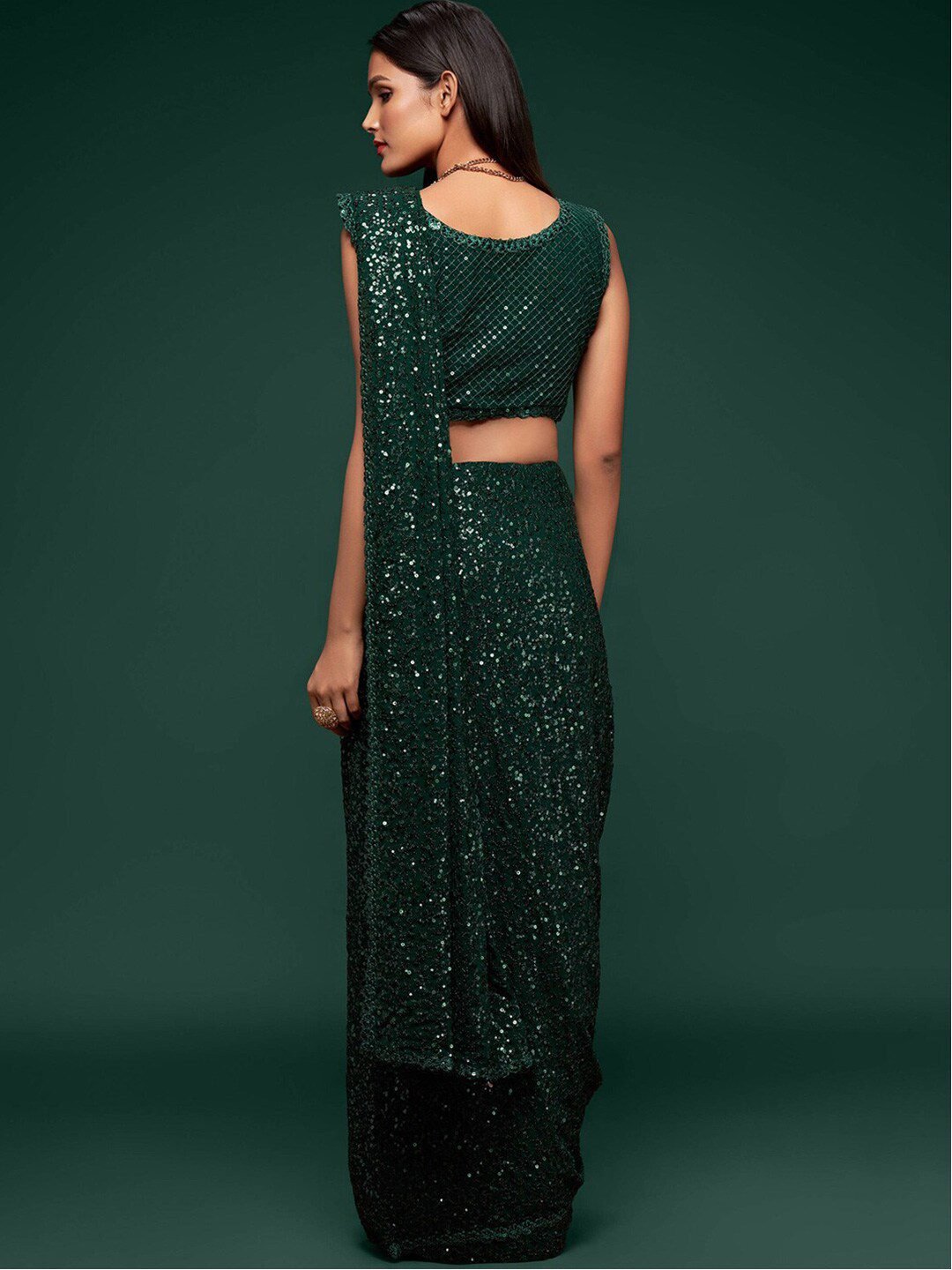 Bottle Green Fully Sequined Georgette Party Wear Saree