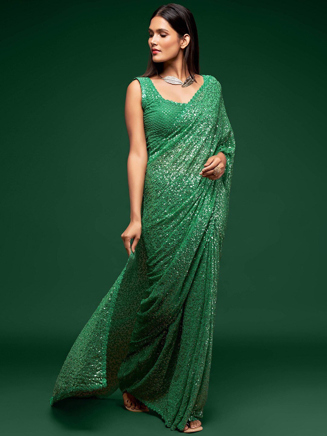 Green Fully Sequined Georgette Party Wear Saree