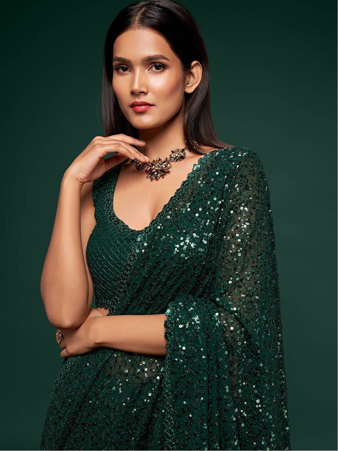 Bottle Green Fully Sequined Georgette Party Wear Saree