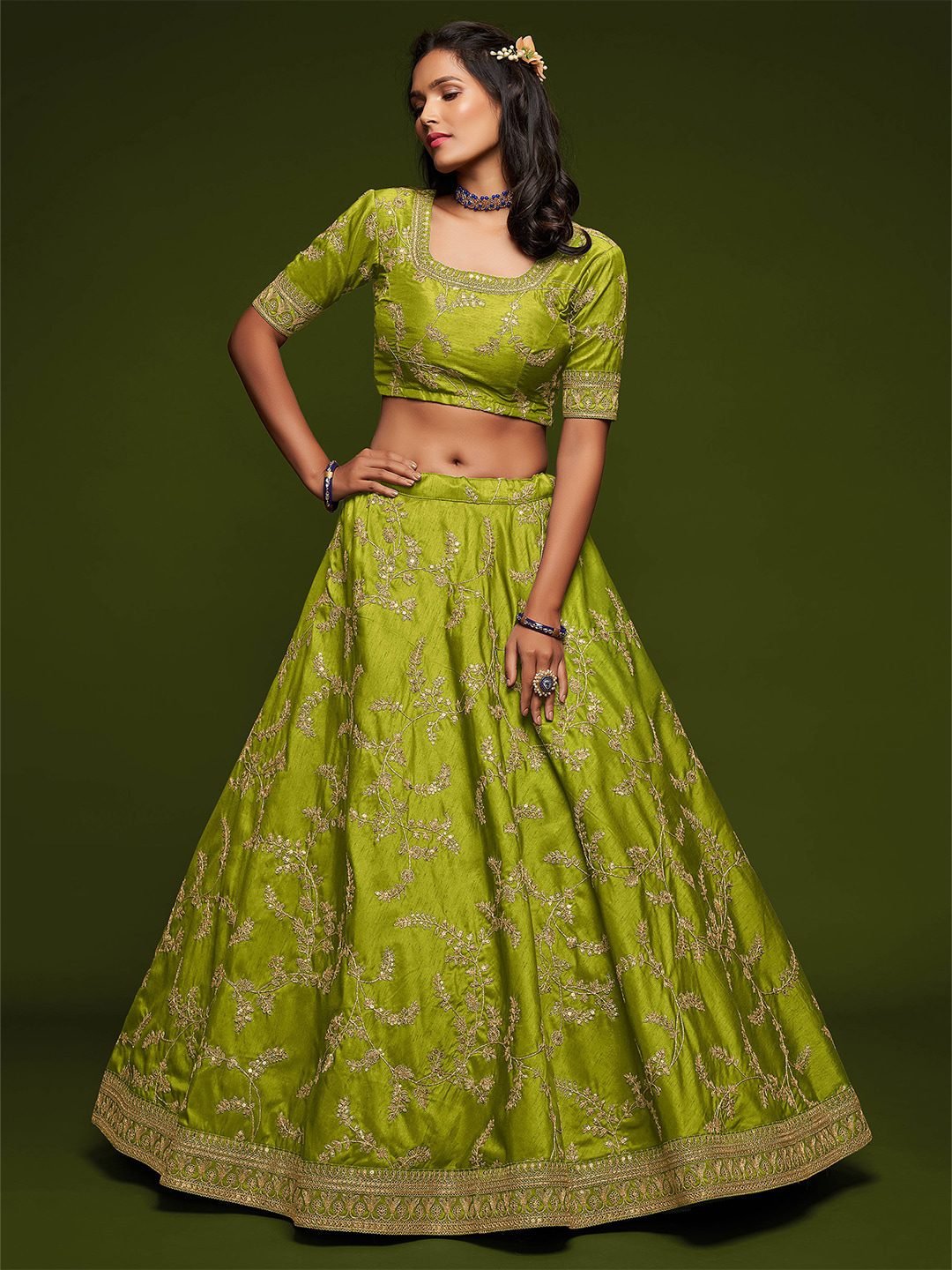 Lime Green Embroidered Semi-Stitched Lehenga &amp; Unstitched Blouse With Dupatta