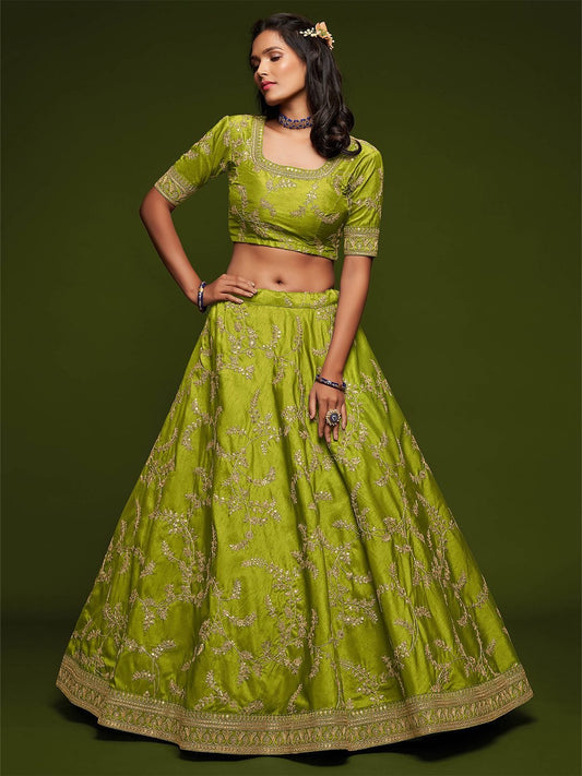 Lime Green Embroidered Semi-Stitched Lehenga &amp; Unstitched Blouse With Dupatta