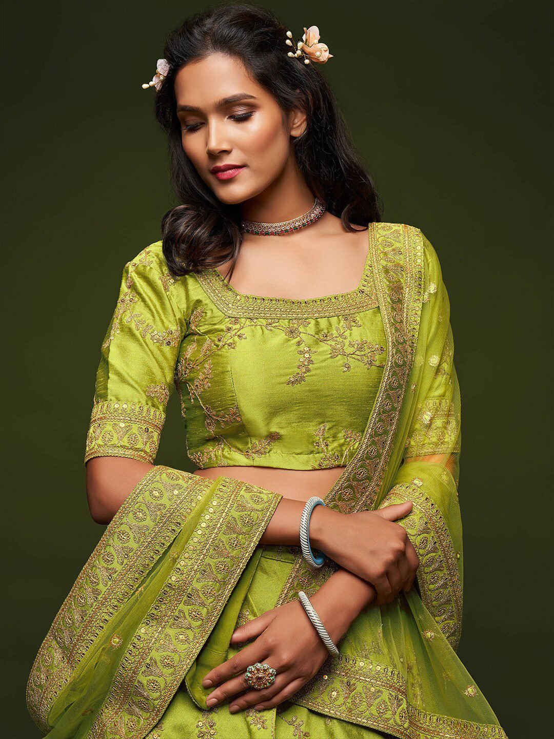 Lime Green Embroidered Semi-Stitched Lehenga &amp; Unstitched Blouse With Dupatta