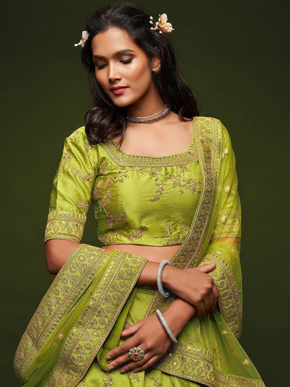 Lime Green Embroidered Semi-Stitched Lehenga &amp; Unstitched Blouse With Dupatta