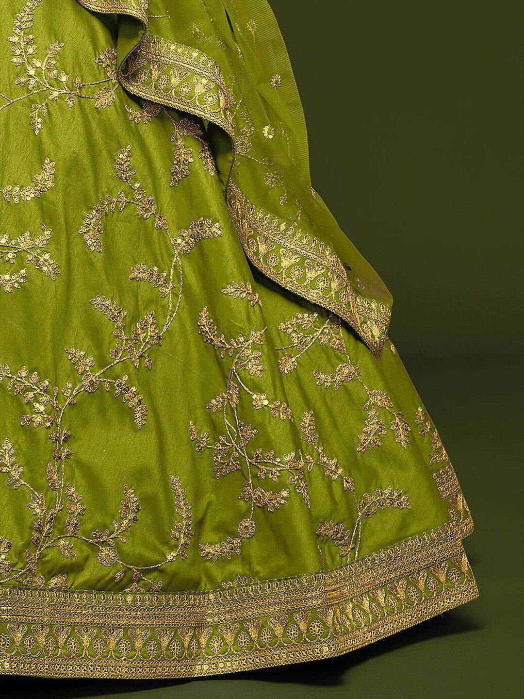 Lime Green Embroidered Semi-Stitched Lehenga &amp; Unstitched Blouse With Dupatta