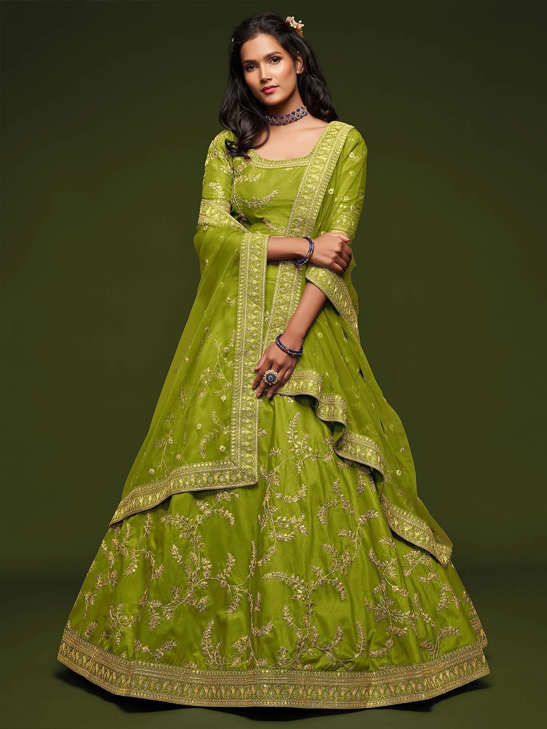 Lime Green Embroidered Semi-Stitched Lehenga &amp; Unstitched Blouse With Dupatta