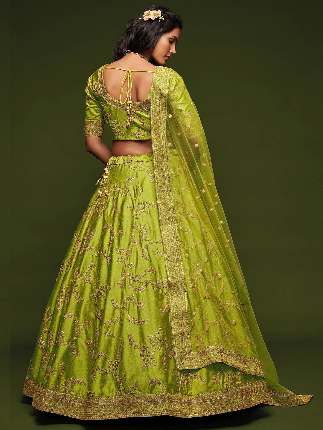 Lime Green Embroidered Semi-Stitched Lehenga &amp; Unstitched Blouse With Dupatta