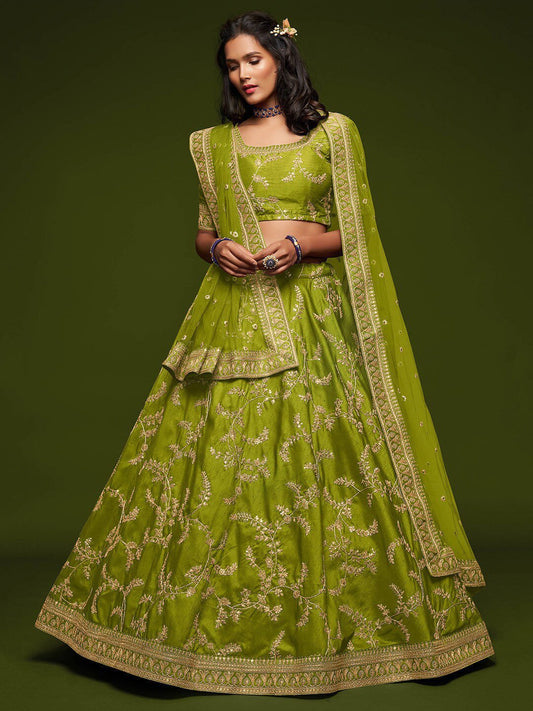 Lime Green Embroidered Semi-Stitched Lehenga &amp; Unstitched Blouse With Dupatta
