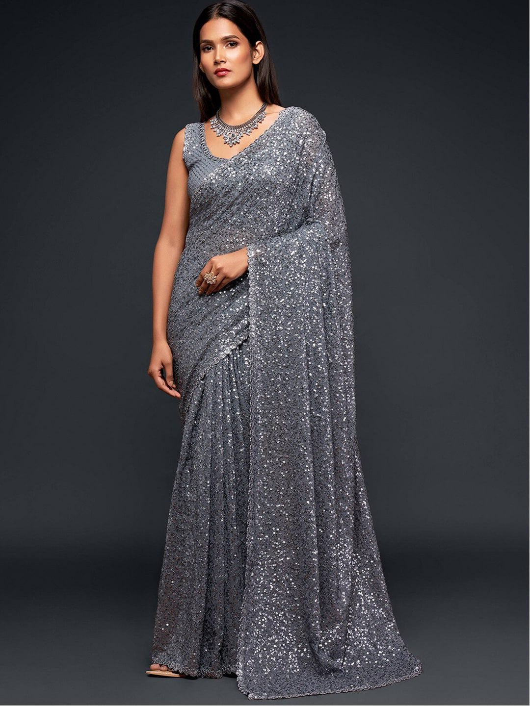 Grey Fully Sequined Georgette Party Wear Saree