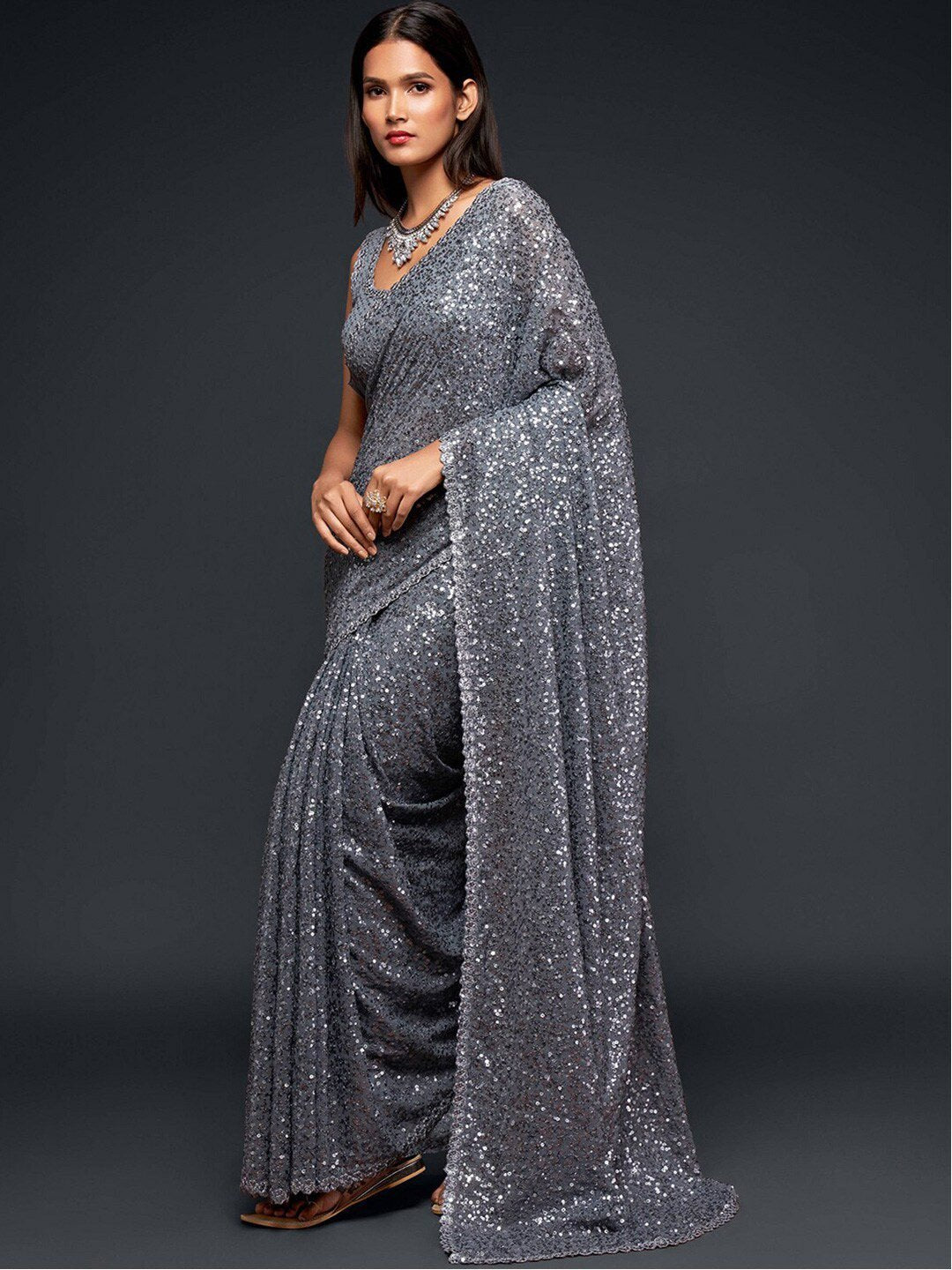 Grey Fully Sequined Georgette Party Wear Saree