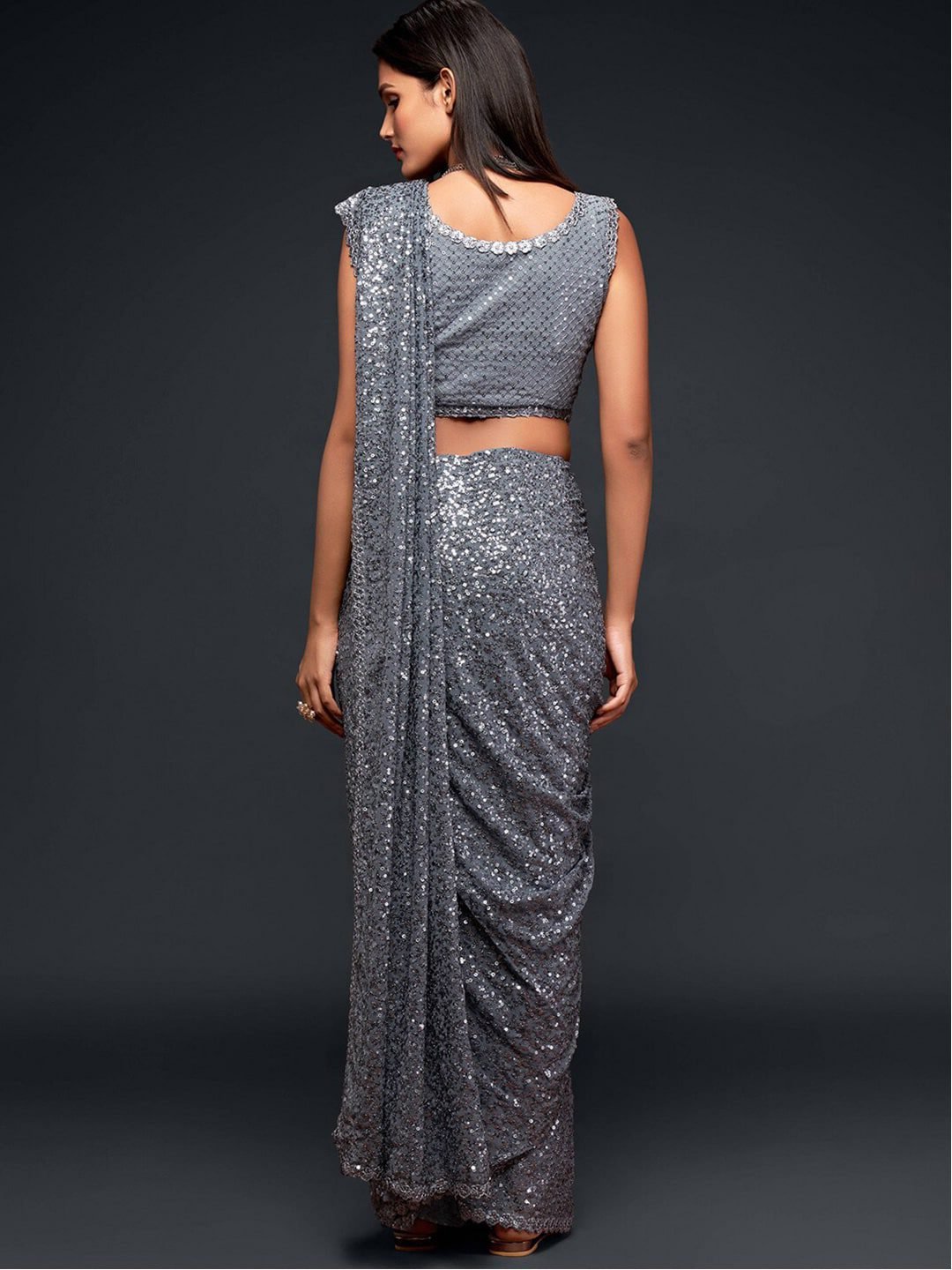 Grey Fully Sequined Georgette Party Wear Saree