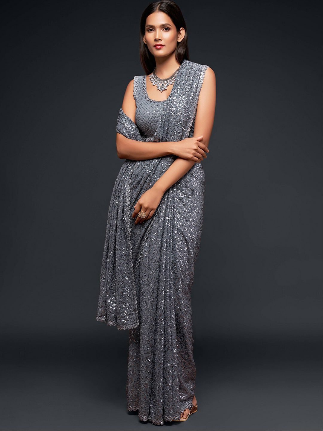 Grey Fully Sequined Georgette Party Wear Saree