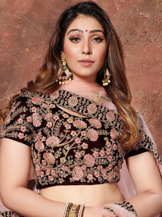 Maroon & Pink Embroidered Bridal Lehenga Choli Set With Dupatta