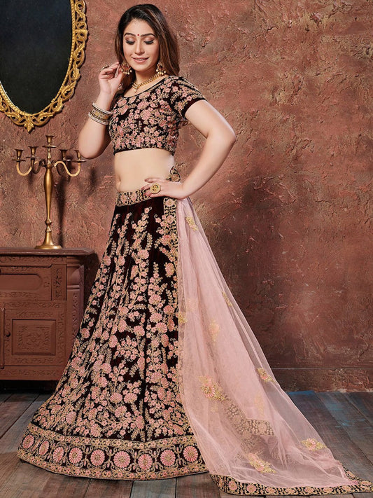 Maroon & Pink Embroidered Bridal Lehenga Choli Set With Dupatta