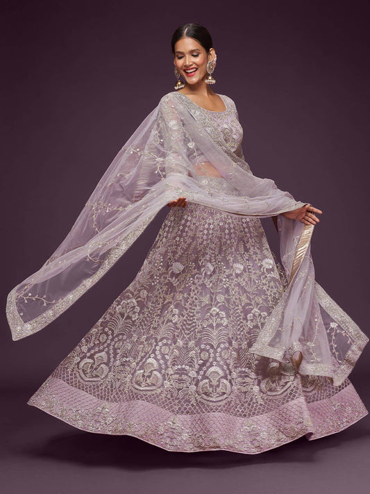Mauve Embroidered Semi-Stitched Lehenga &amp; Unstitched Blouse With Dupatta