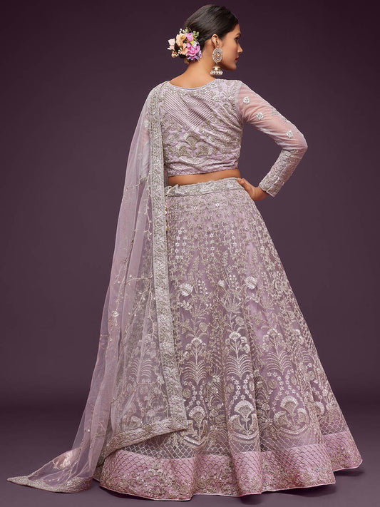 Mauve Embroidered Semi-Stitched Lehenga &amp; Unstitched Blouse With Dupatta