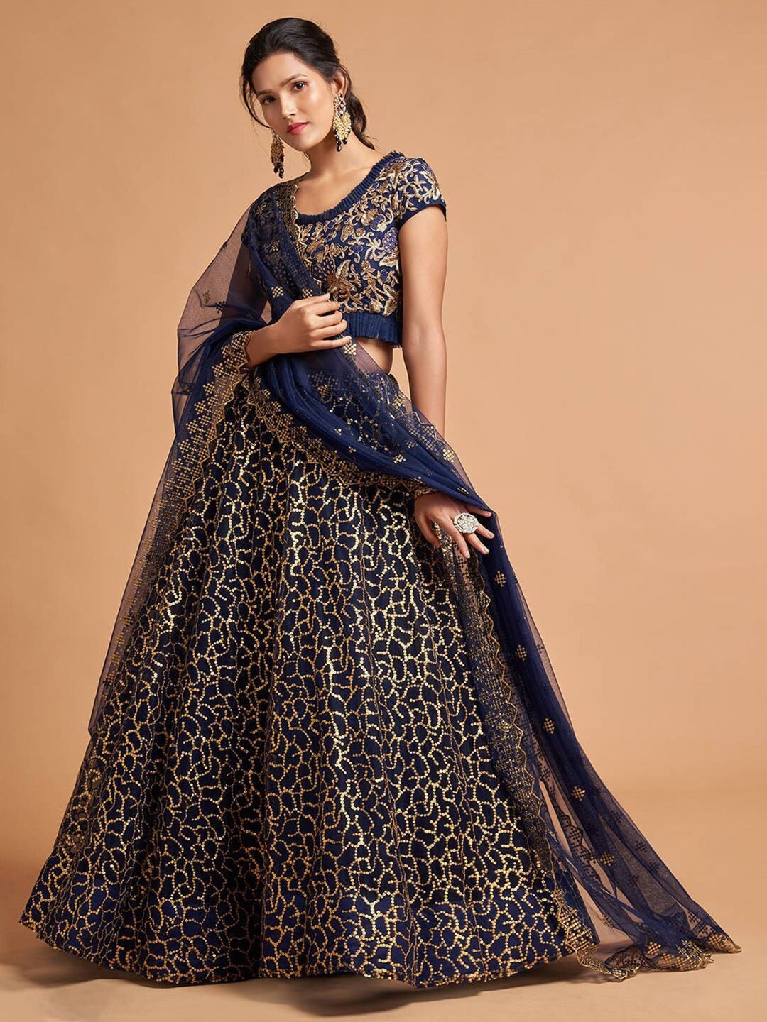 Navy Blue & Gold-Toned Embroidered Kalamkari Semi-Stitched Lehenga &amp; Unstitched Blouse With Dupatta