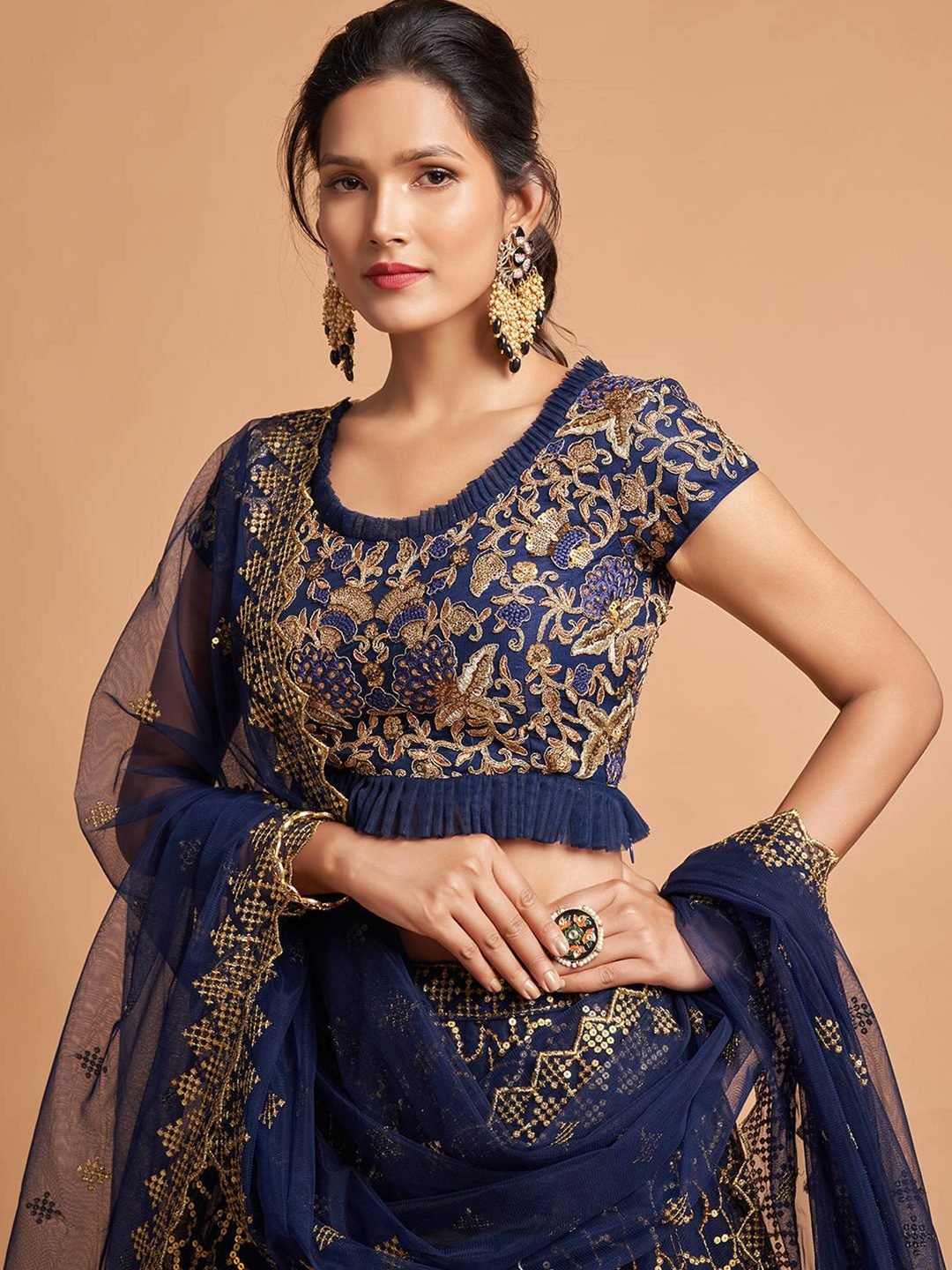 Navy Blue & Gold-Toned Embroidered Kalamkari Semi-Stitched Lehenga &amp; Unstitched Blouse With Dupatta