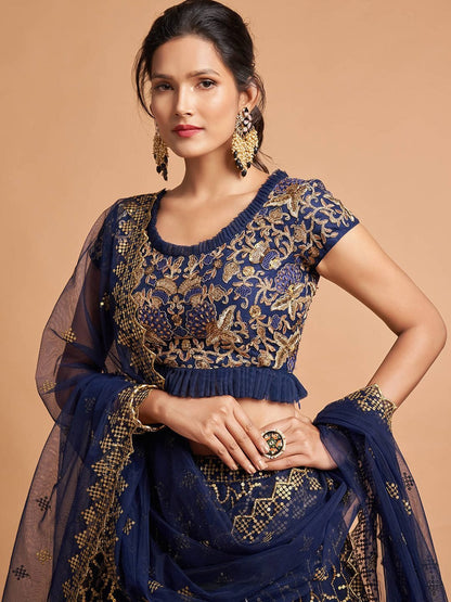 Navy Blue & Gold-Toned Embroidered Kalamkari Semi-Stitched Lehenga &amp; Unstitched Blouse With Dupatta