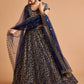 Navy Blue & Gold-Toned Embroidered Kalamkari Semi-Stitched Lehenga &amp; Unstitched Blouse With Dupatta