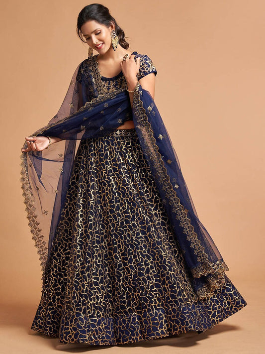 Navy Blue & Gold-Toned Embroidered Kalamkari Semi-Stitched Lehenga &amp; Unstitched Blouse With Dupatta